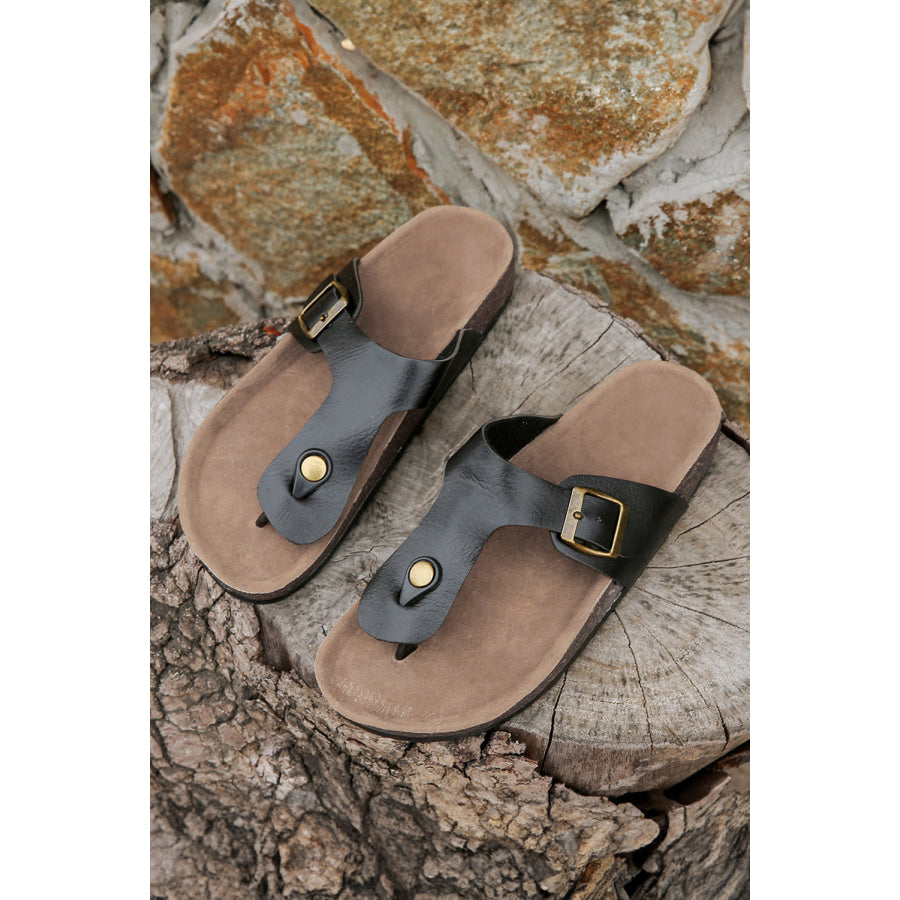 Black Vintage Buckle PU Leather Thong Slippers Shoes &amp; Bags/Slippers