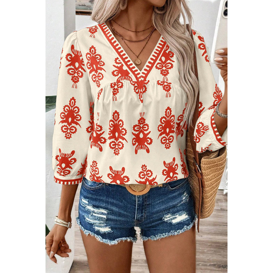 Black Vintage Geometric Printed 3/4 Sleeve V Neck Blouse Orange / S / 100% Polyester Tops/Blouses &amp; Shirts