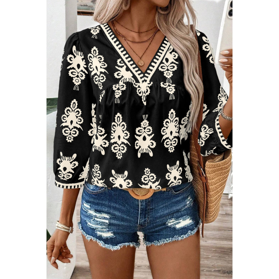 Black Vintage Geometric Printed 3/4 Sleeve V Neck Blouse Black / S / 100% Polyester Tops/Blouses &amp; Shirts