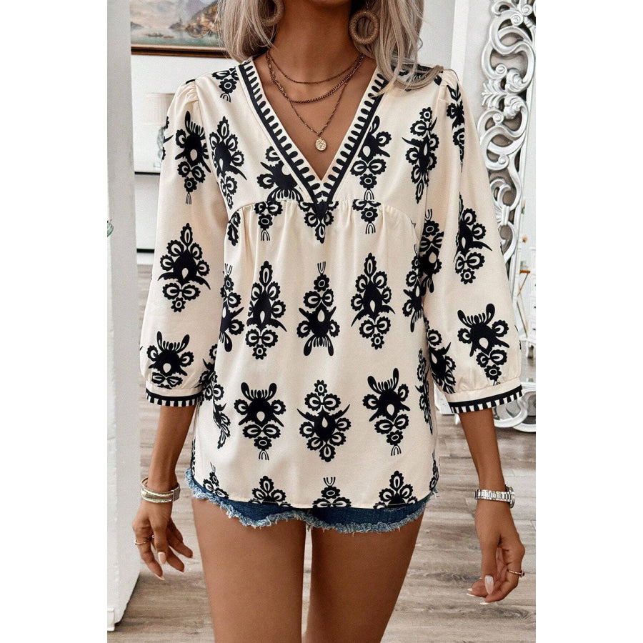 Black Vintage Geometric Printed 3/4 Sleeve V Neck Blouse Tops/Blouses &amp; Shirts