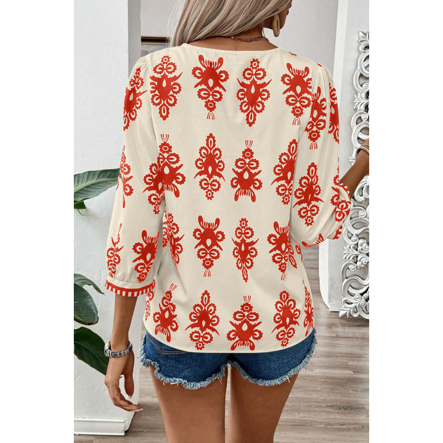 Black Vintage Geometric Printed 3/4 Sleeve V Neck Blouse Tops/Blouses &amp; Shirts