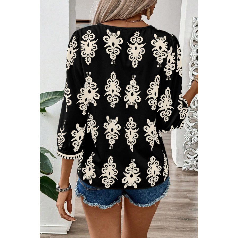 Black Vintage Geometric Printed 3/4 Sleeve V Neck Blouse Black / S / 100% Polyester Tops/Blouses & Shirts