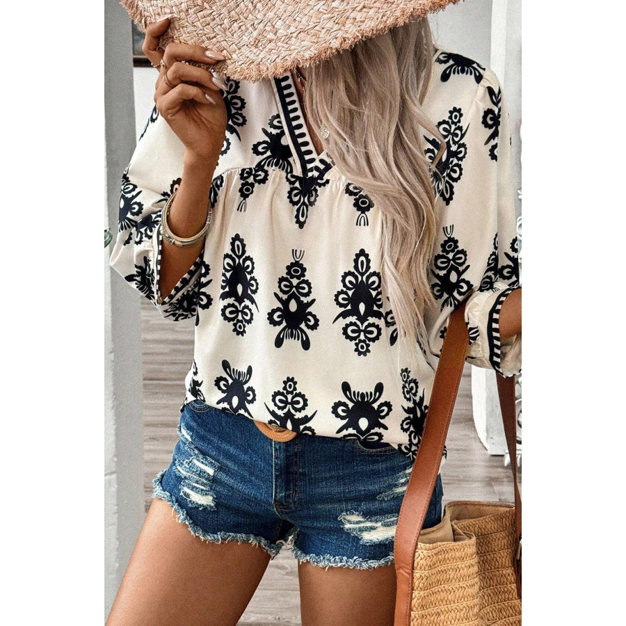 Black Vintage Geometric Printed 3/4 Sleeve V Neck Blouse Tops/Blouses &amp; Shirts