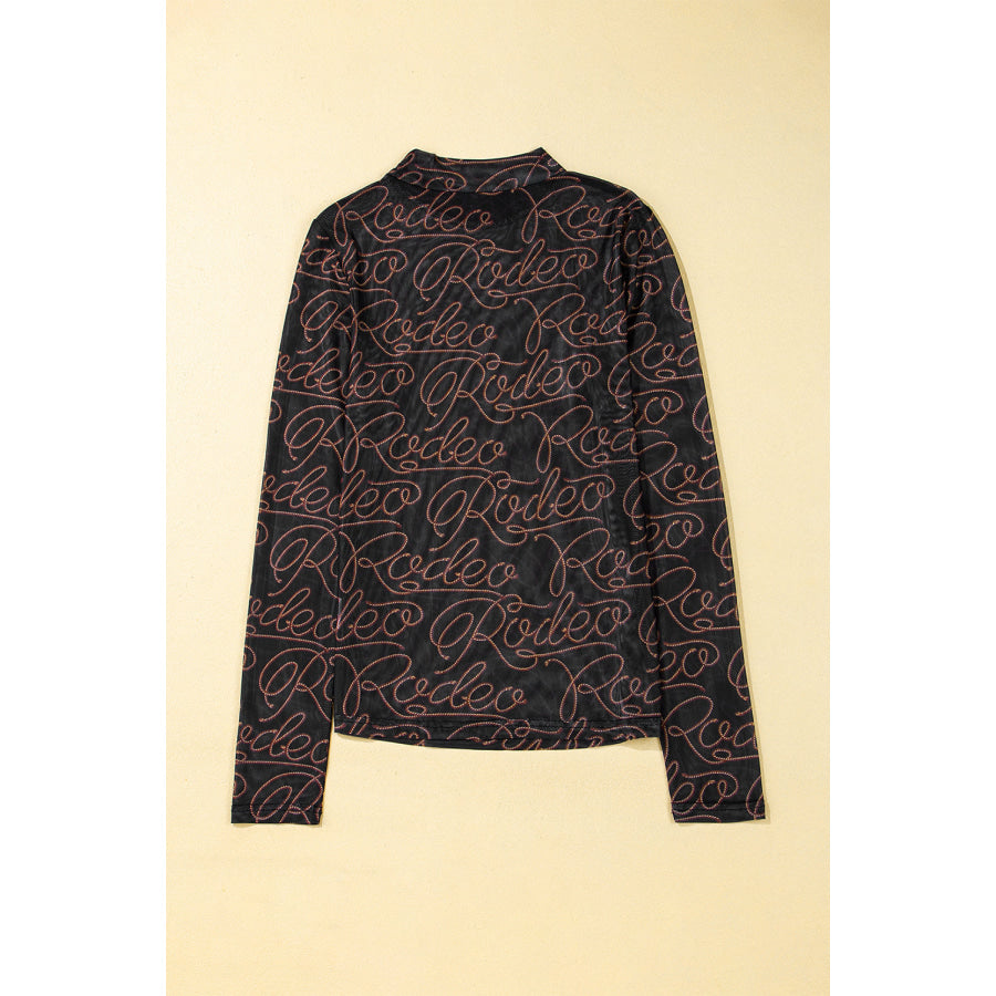 Black Western Rodeo Printed Mock Neck Long Sleeve Mesh Top Sale (50% OFF)/Sale (50% OFF)