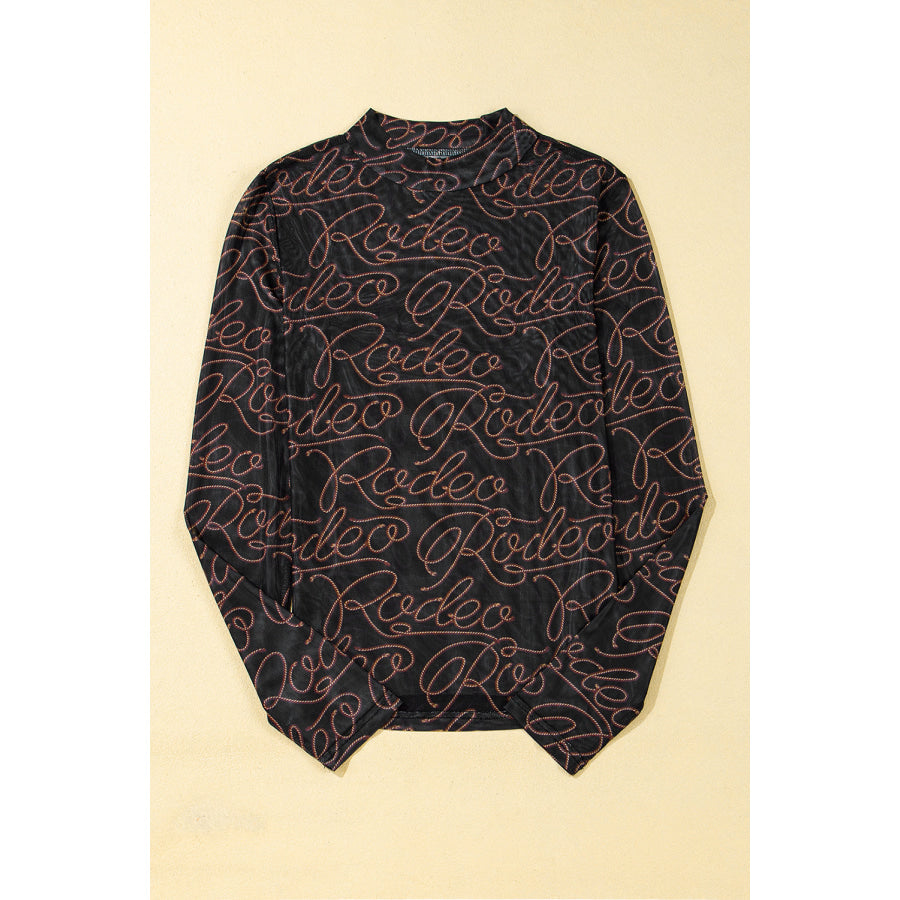 Black Western Rodeo Printed Mock Neck Long Sleeve Mesh Top Sale (50% OFF)/Sale (50% OFF)