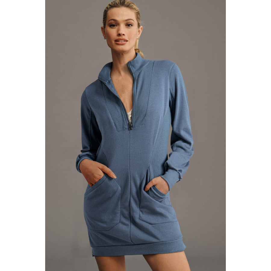 Black Zip up Collared Ribbed Patchwork Sweatshirt Dress with Pockets Dresses/Mini Dresses