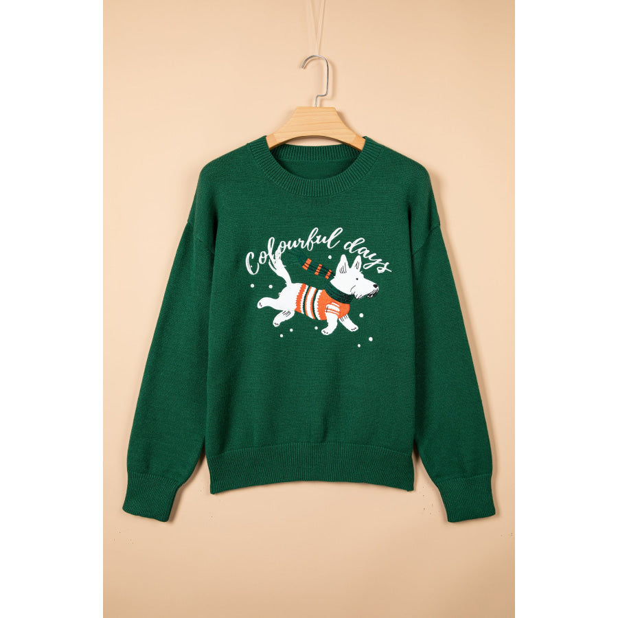 Blackish Green Abstract Dog Embroidery Christmas Fashion Round Neck Sweater Sweaters & Cardigans/Sweaters