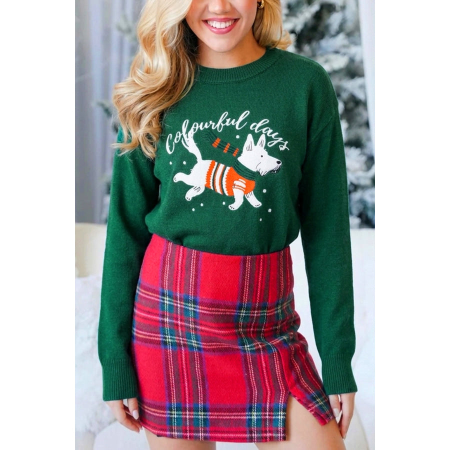 Blackish Green Abstract Dog Embroidery Christmas Fashion Round Neck Sweater Sweaters & Cardigans/Sweaters