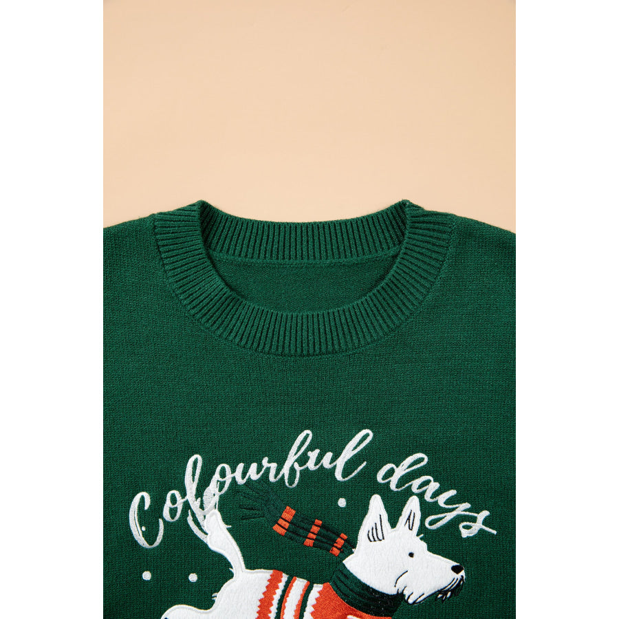 Blackish Green Abstract Dog Embroidery Christmas Fashion Round Neck Sweater Sweaters & Cardigans/Sweaters