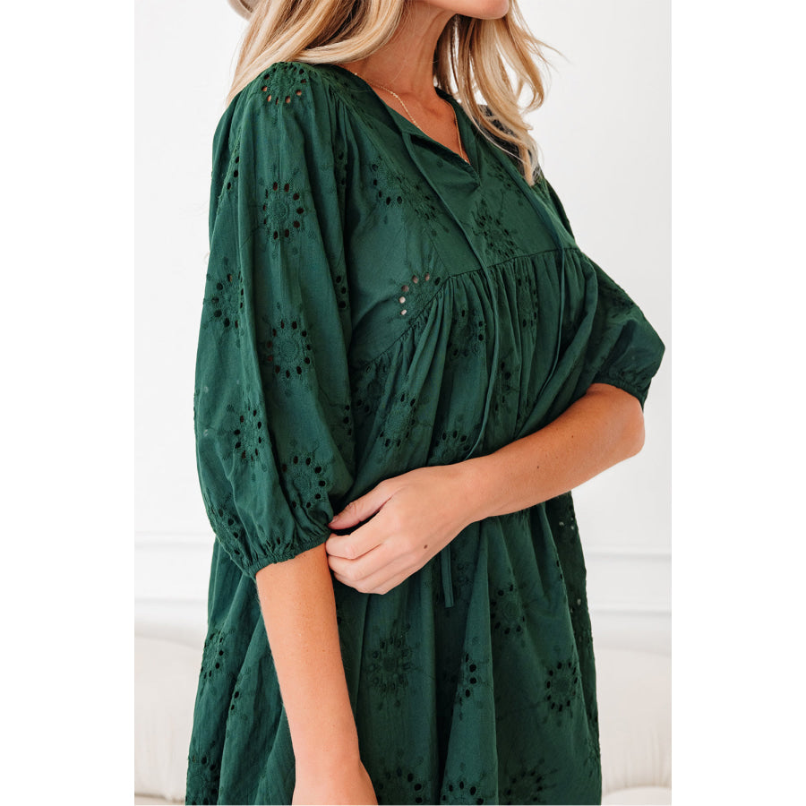 Blackish Green Embroidered Eyelet Pattern 3/4 Puffy Sleeve Swing Mini Dress Dresses/Mini Dresses