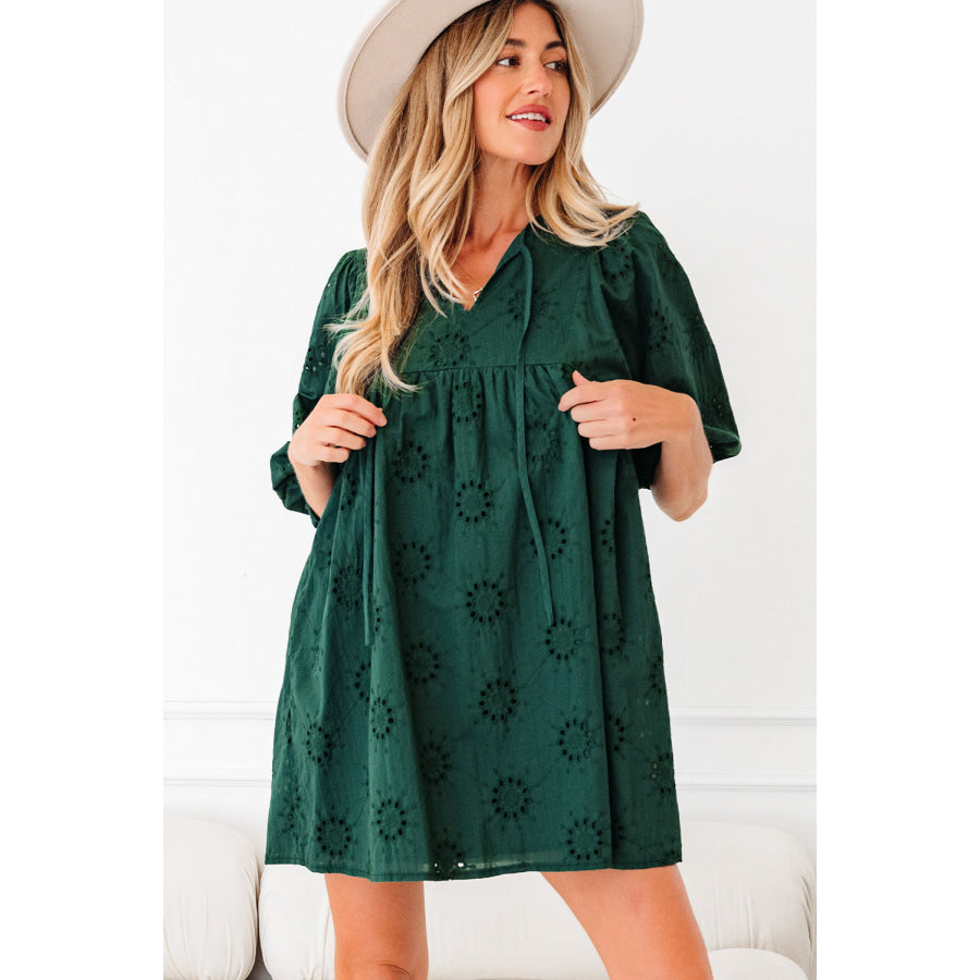 Blackish Green Embroidered Eyelet Pattern 3/4 Puffy Sleeve Swing Mini Dress Dresses/Mini Dresses