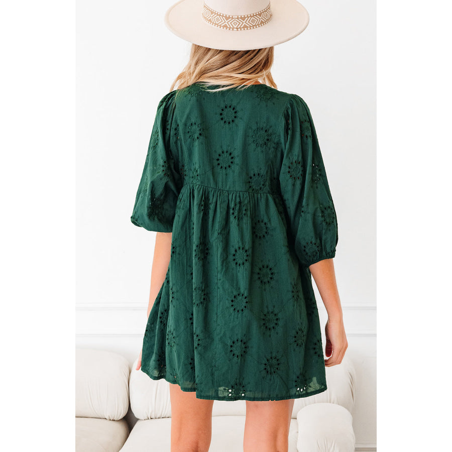 Blackish Green Embroidered Eyelet Pattern 3/4 Puffy Sleeve Swing Mini Dress Dresses/Mini Dresses