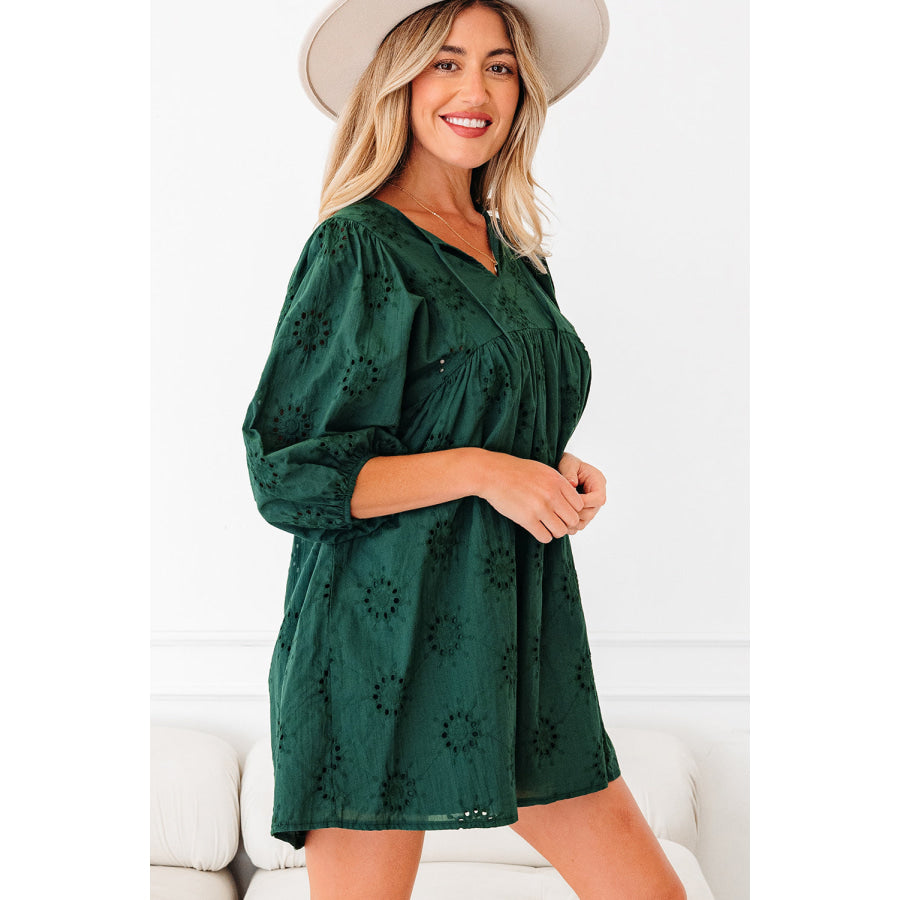 Blackish Green Embroidered Eyelet Pattern 3/4 Puffy Sleeve Swing Mini Dress Dresses/Mini Dresses