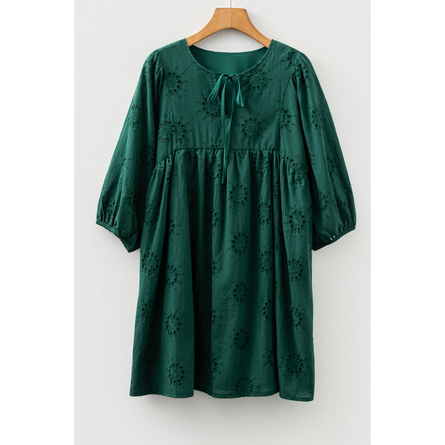Blackish Green Embroidered Eyelet Pattern 3/4 Puffy Sleeve Swing Mini Dress Dresses/Mini Dresses