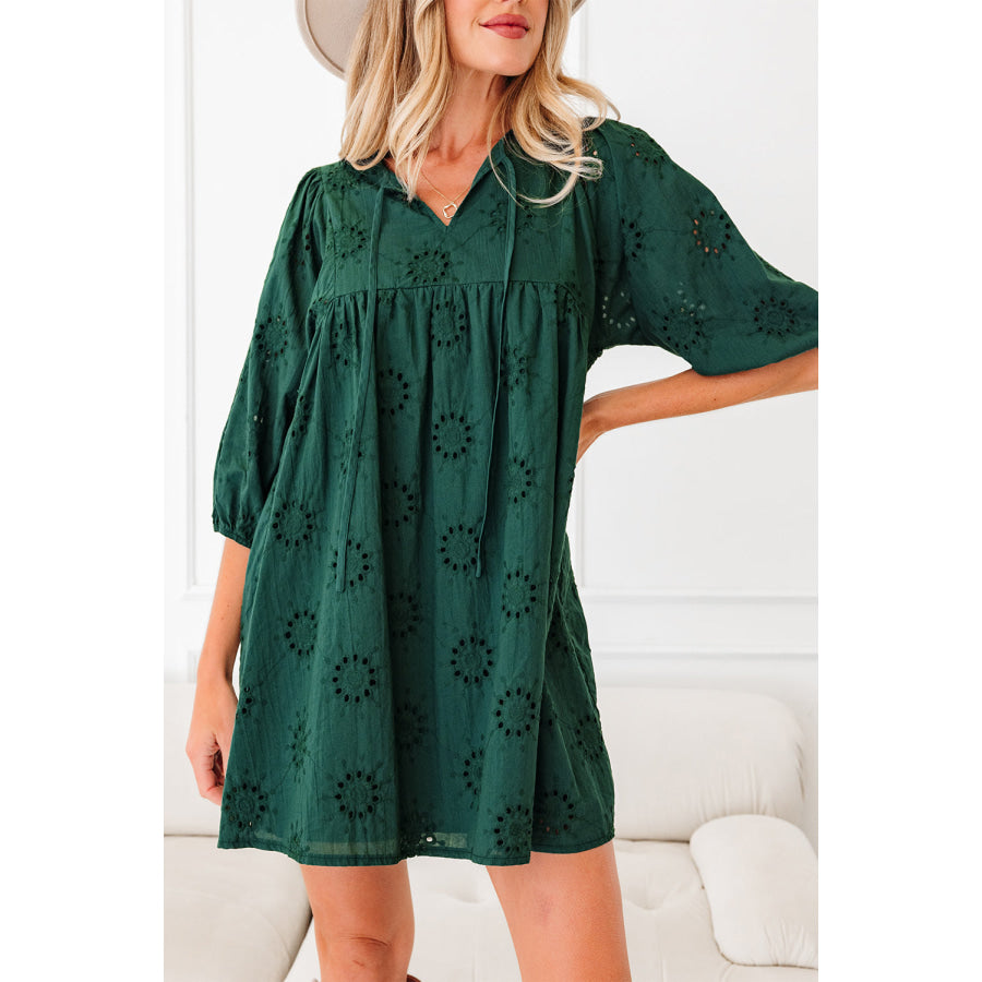 Blackish Green Embroidered Eyelet Pattern 3/4 Puffy Sleeve Swing Mini Dress Dresses/Mini Dresses