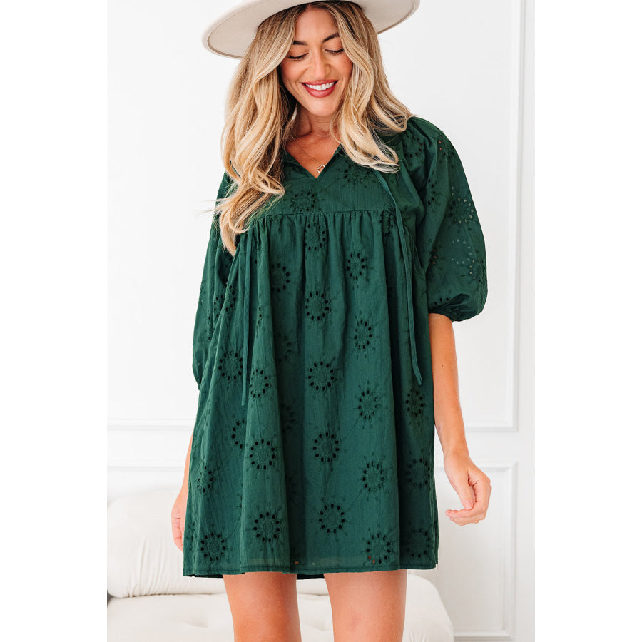 Blackish Green Embroidered Eyelet Pattern 3/4 Puffy Sleeve Swing Mini Dress Blackish Green / S / 100% Cotton Dresses/Mini Dresses