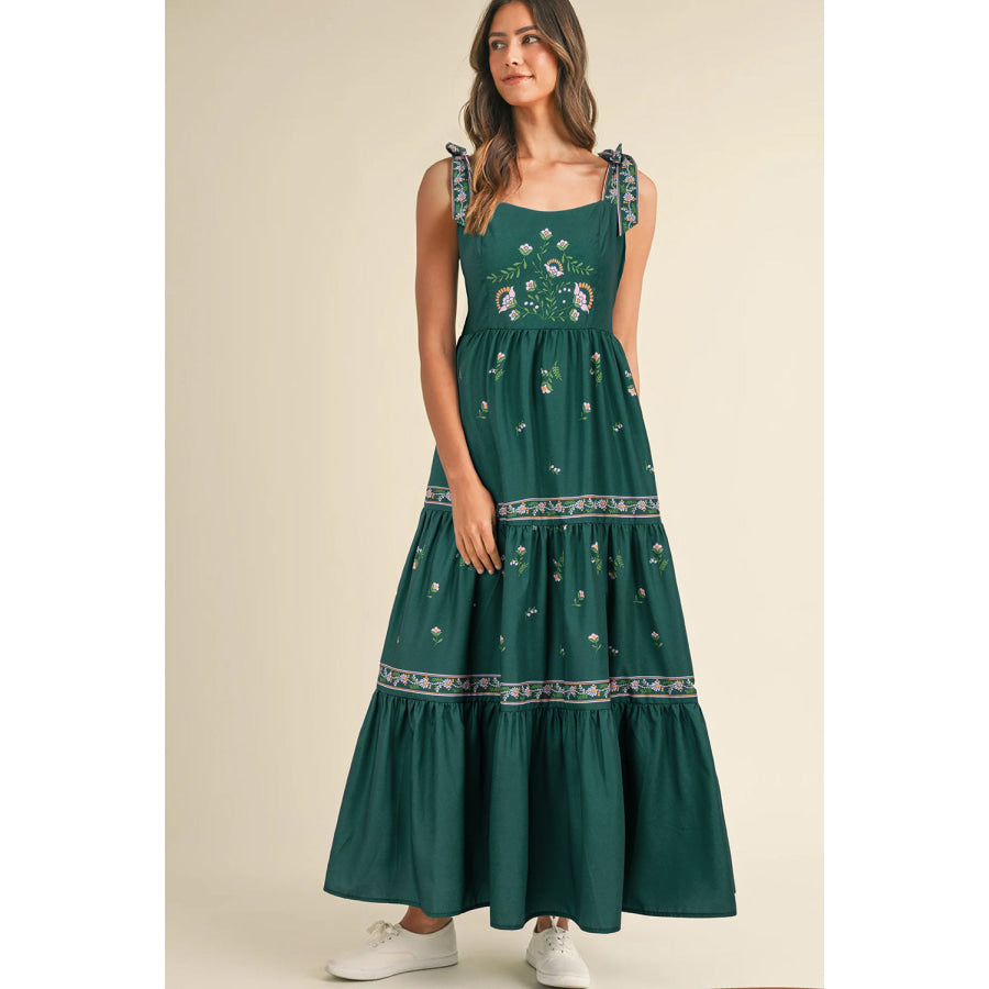 Blackish Green Floral Smocked Back Tied Straps Tiered Maxi Dress Dresses/Floral Dresses