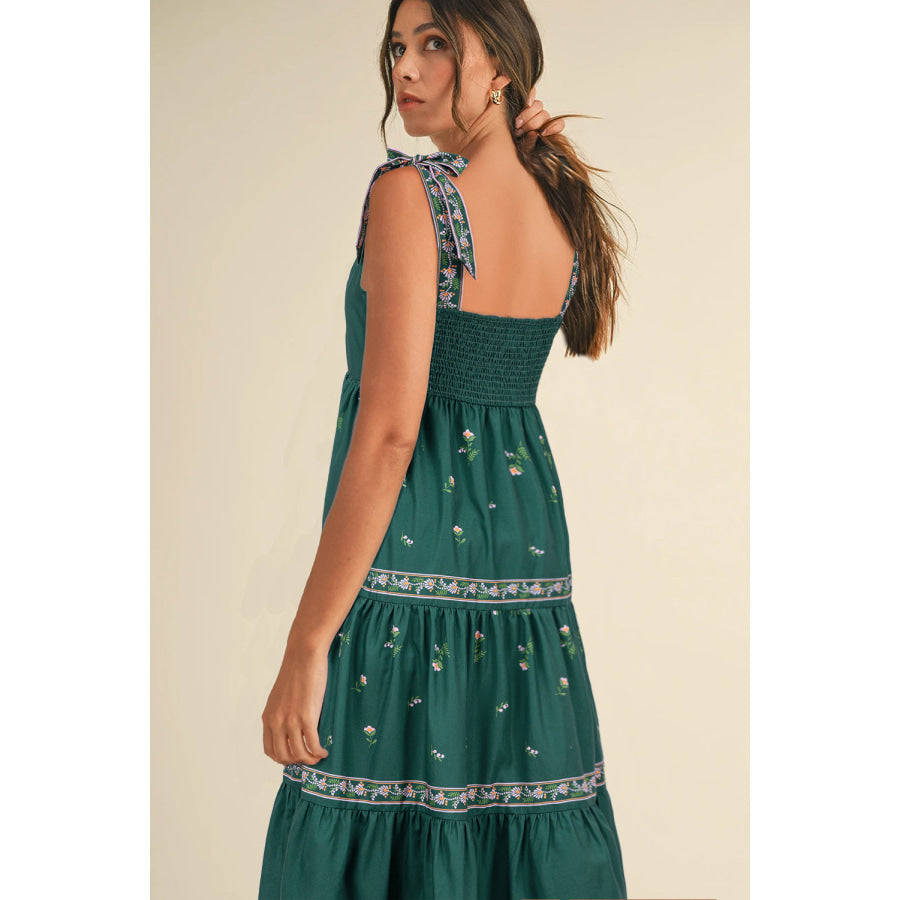 Blackish Green Floral Smocked Back Tied Straps Tiered Maxi Dress Dresses/Floral Dresses