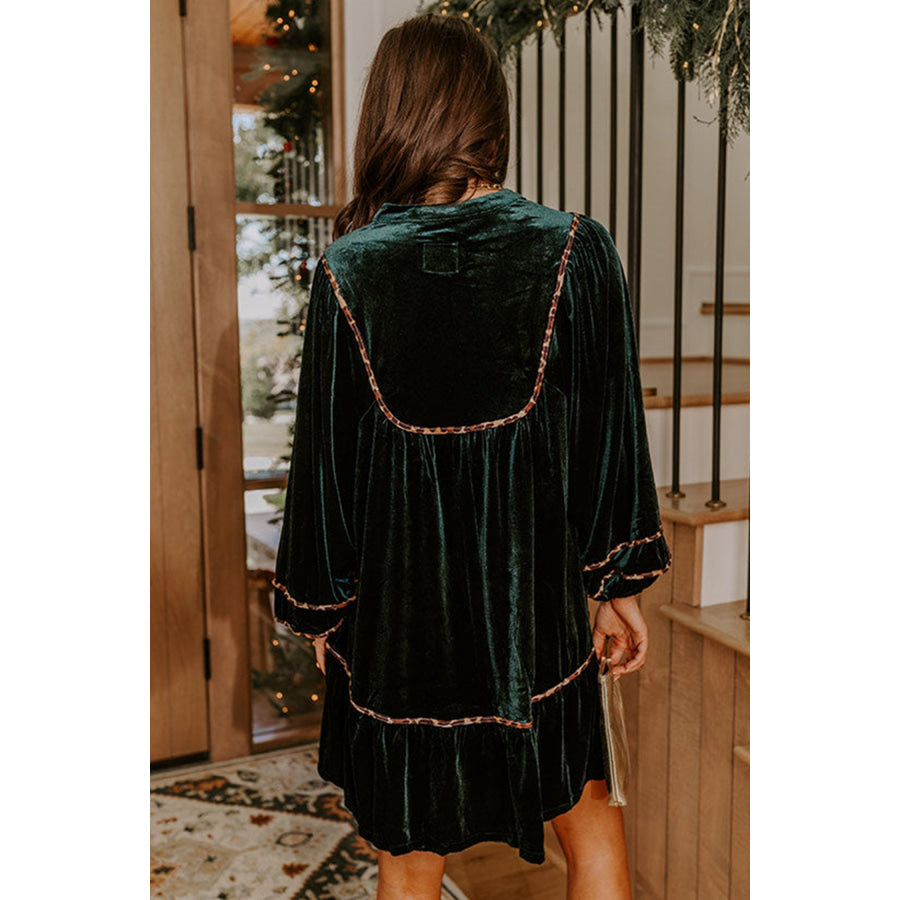Blackish Green Leopard Trim Velvet Long Sleeve Shift Dress Dresses/Mini Dresses