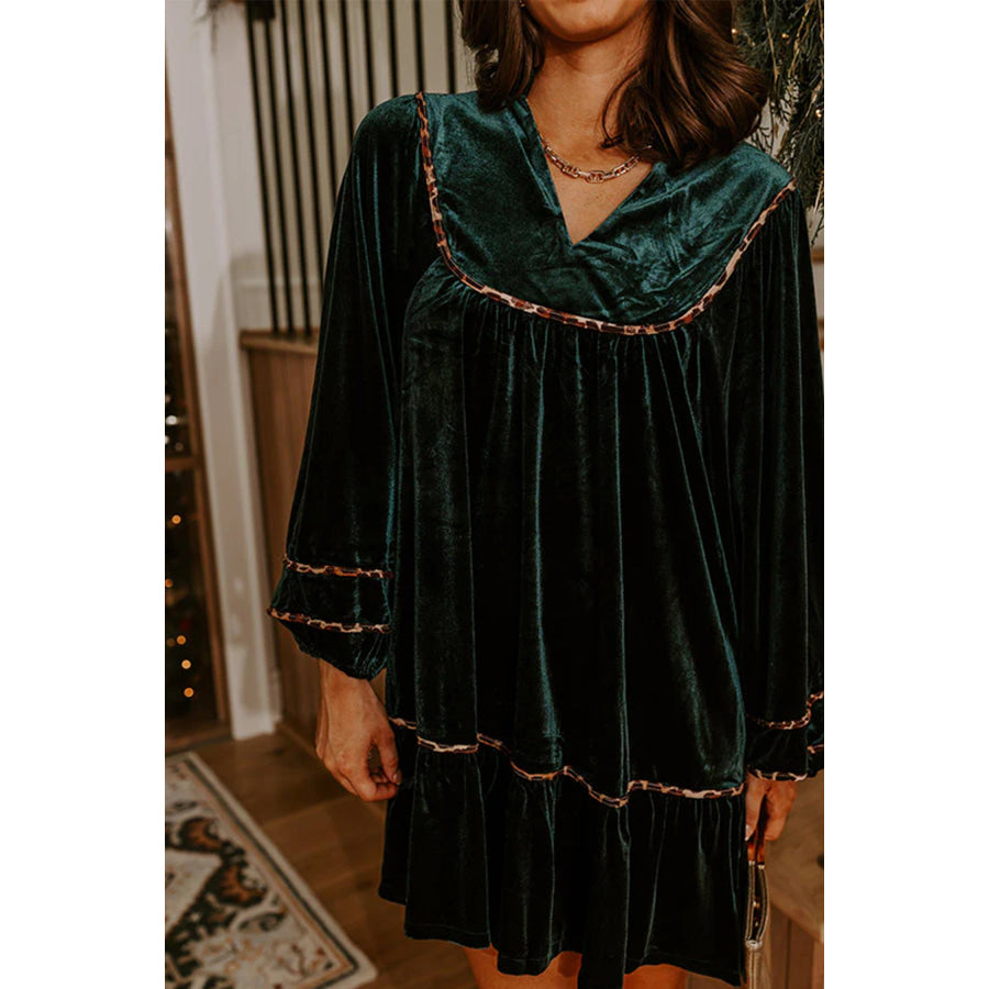Blackish Green Leopard Trim Velvet Long Sleeve Shift Dress Dresses/Mini Dresses