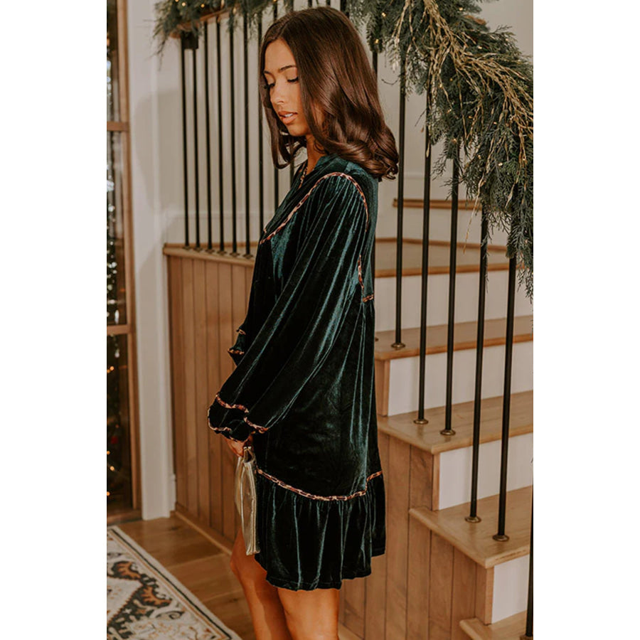 Blackish Green Leopard Trim Velvet Long Sleeve Shift Dress Dresses/Mini Dresses