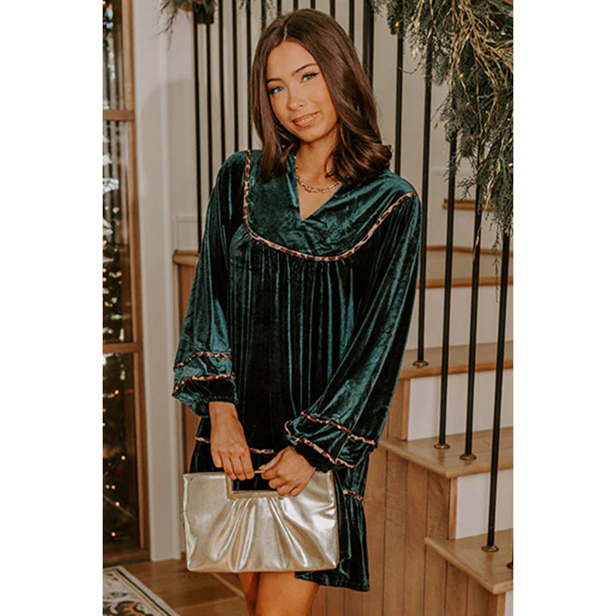 Blackish Green Leopard Trim Velvet Long Sleeve Shift Dress Dresses/Mini Dresses