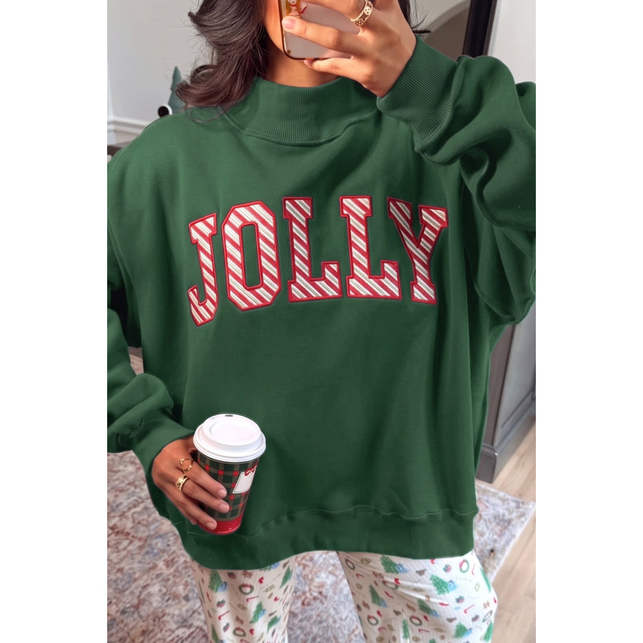 Blackish Green MERRY Embroidered Letter High Neck Tunic Pullover Sweatshirt / S / 50% Polyester + 50% Cotton Tops/Sweatshirts & Hoodies