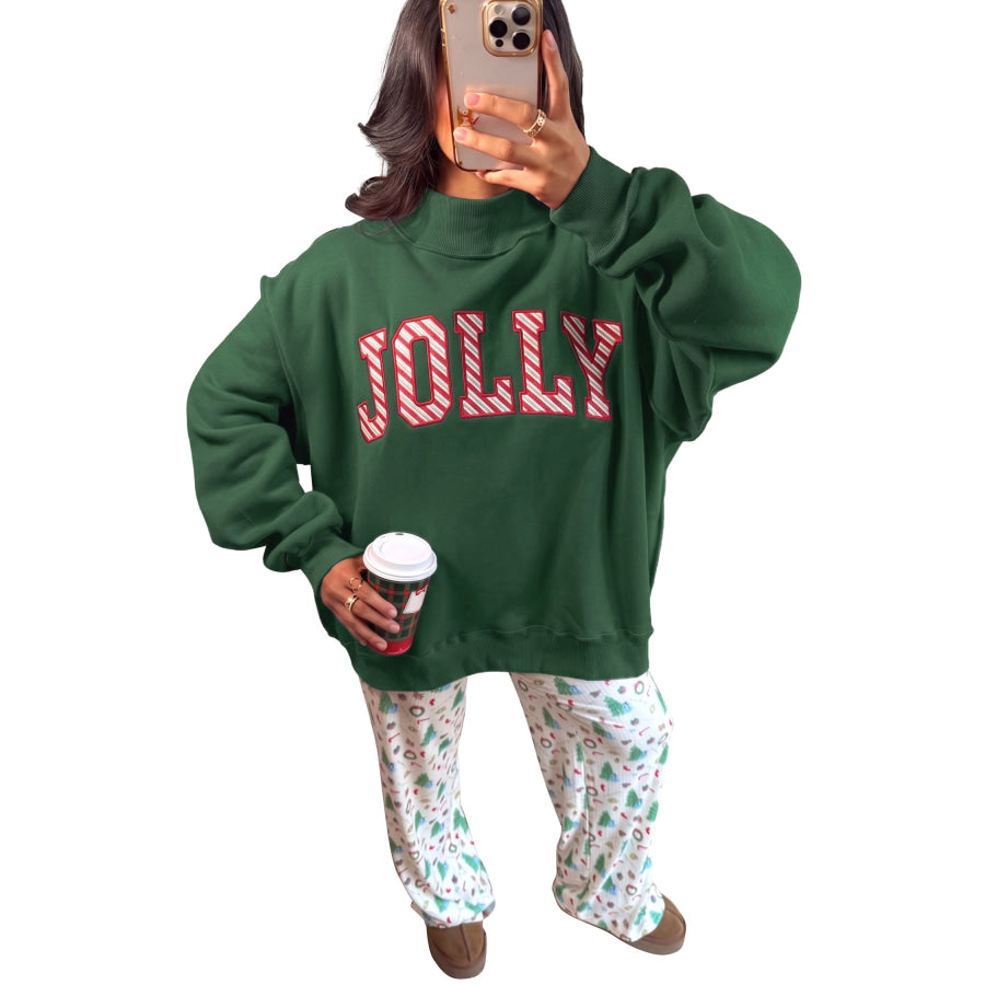 Blackish Green MERRY Embroidered Letter High Neck Tunic Pullover Sweatshirt Tops/Sweatshirts & Hoodies