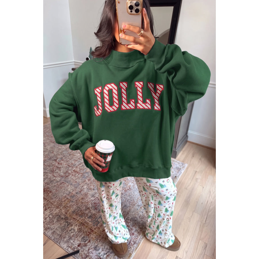 Blackish Green MERRY Embroidered Letter High Neck Tunic Pullover Sweatshirt / S / 50% Polyester + 50% Cotton Tops/Sweatshirts & Hoodies