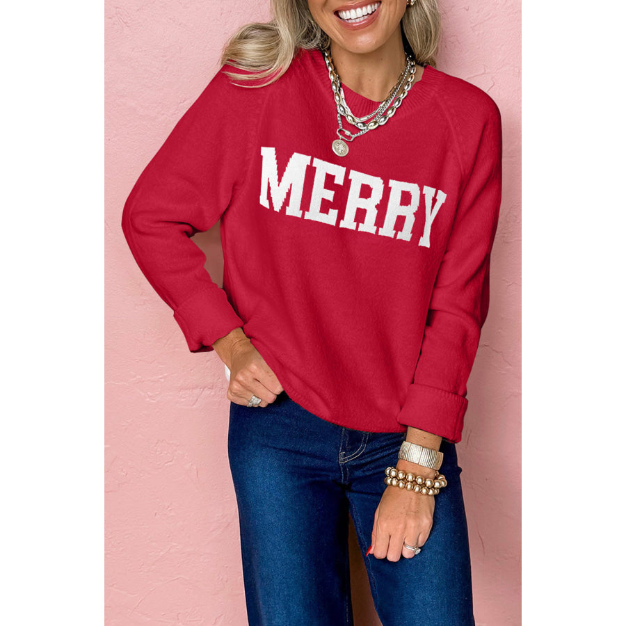 Blackish Green MERRY Letter Pattern Christmas Raglan Sleeve Sweater Racing Red / S / 52% Viscose + 26% Polyester + 22% Polyamide Sweaters &