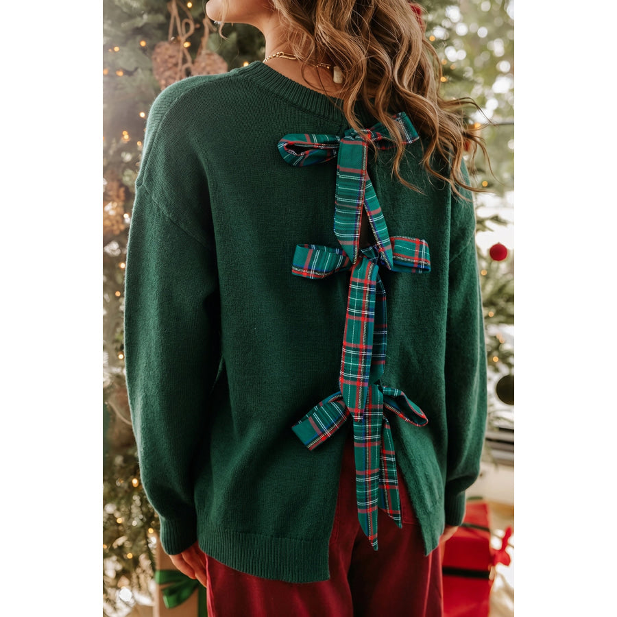 Blackish Green Plaid Bow Detail Drop Shoulder Christmas Sweater / S / 52% Viscose + 26% Polyester + 22% Polyamide Sweaters &
