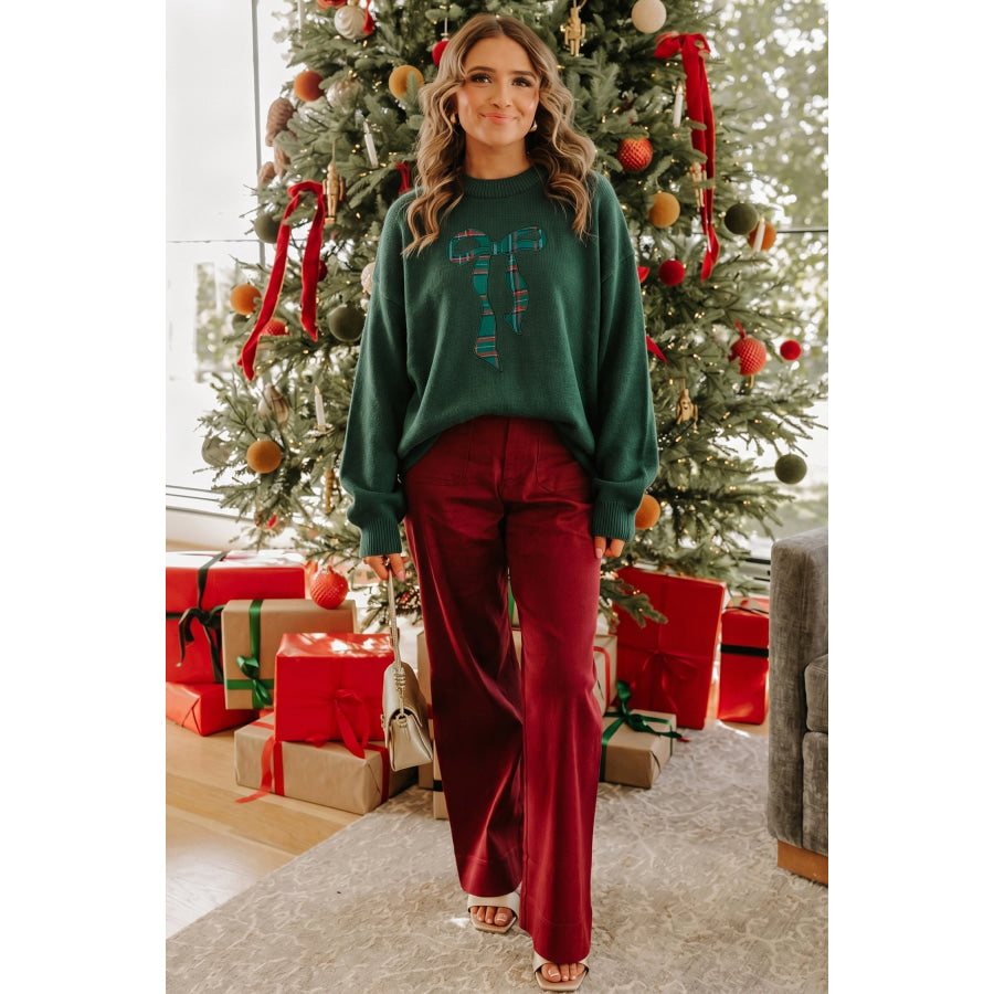 Blackish Green Plaid Bow Detail Drop Shoulder Christmas Sweater Sweaters & Cardigans/Sweaters