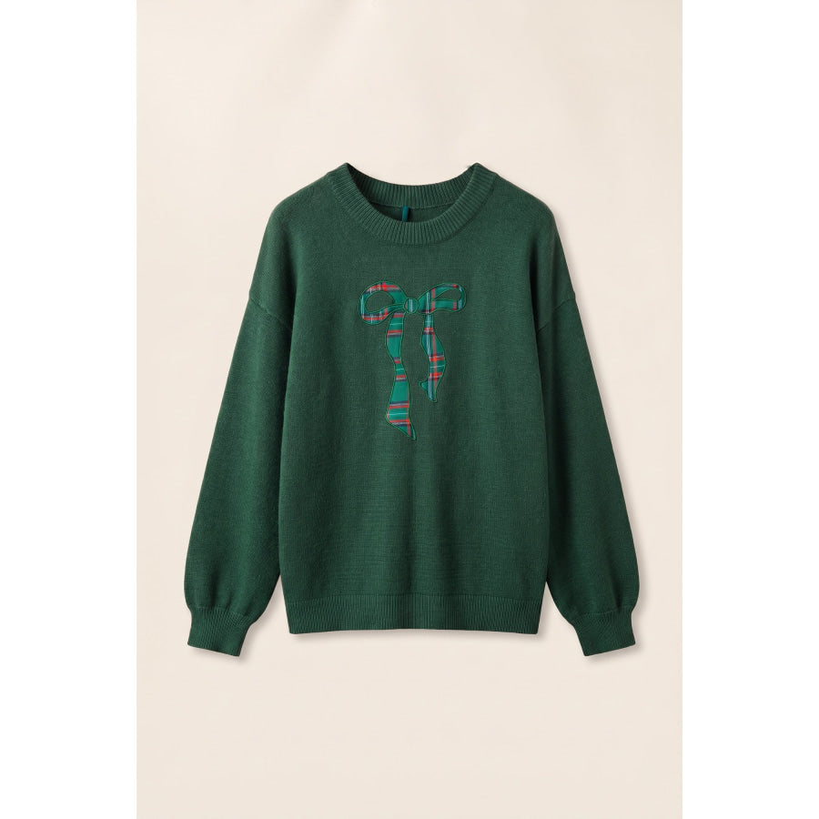Blackish Green Plaid Bow Detail Drop Shoulder Christmas Sweater Sweaters & Cardigans/Sweaters