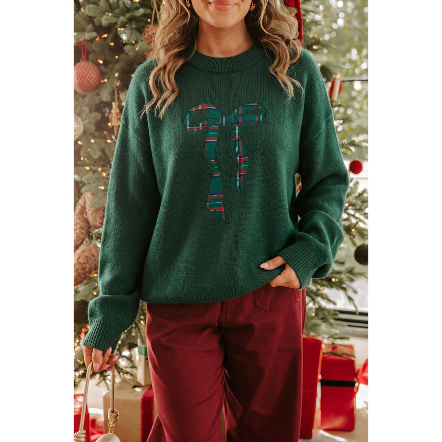 Blackish Green Plaid Bow Detail Drop Shoulder Christmas Sweater Sweaters & Cardigans/Sweaters