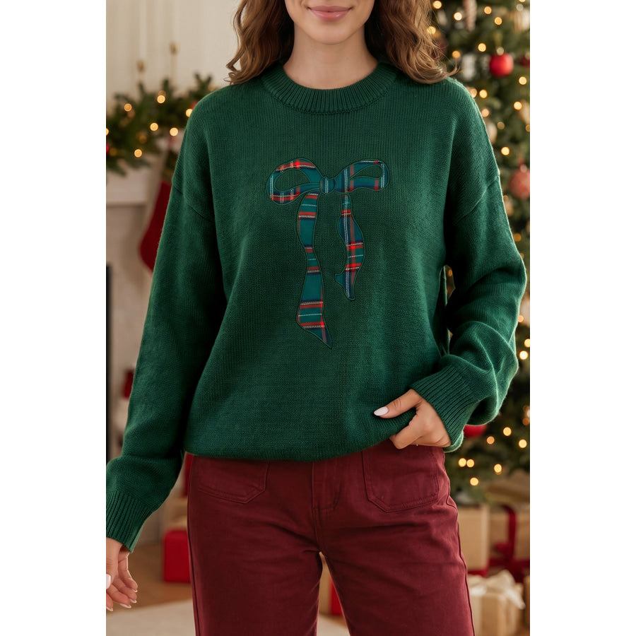 Blackish Green Plaid Bow Detail Drop Shoulder Christmas Sweater Sweaters & Cardigans/Sweaters