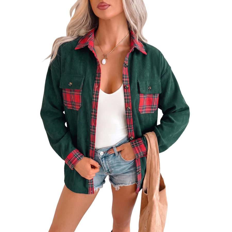 Blackish Green Plaid Pocket Button Long Sleeve Shift Shacket Outerwear/Jackets