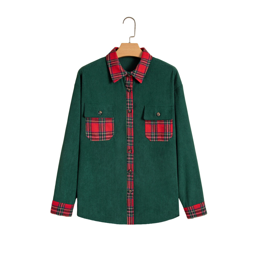 Blackish Green Plaid Pocket Button Long Sleeve Shift Shacket Outerwear/Jackets