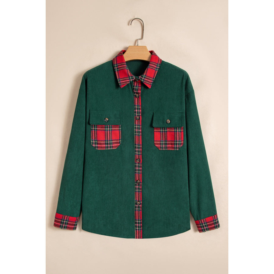 Blackish Green Plaid Pocket Button Long Sleeve Shift Shacket Outerwear/Jackets