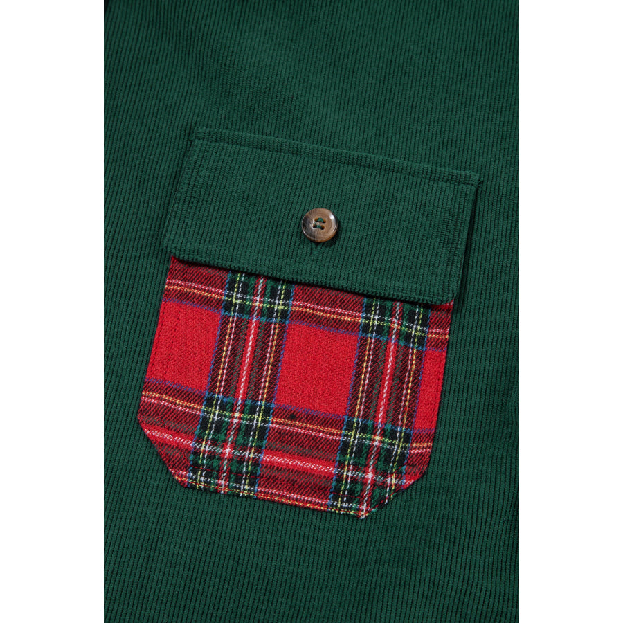 Blackish Green Plaid Pocket Button Long Sleeve Shift Shacket Outerwear/Jackets