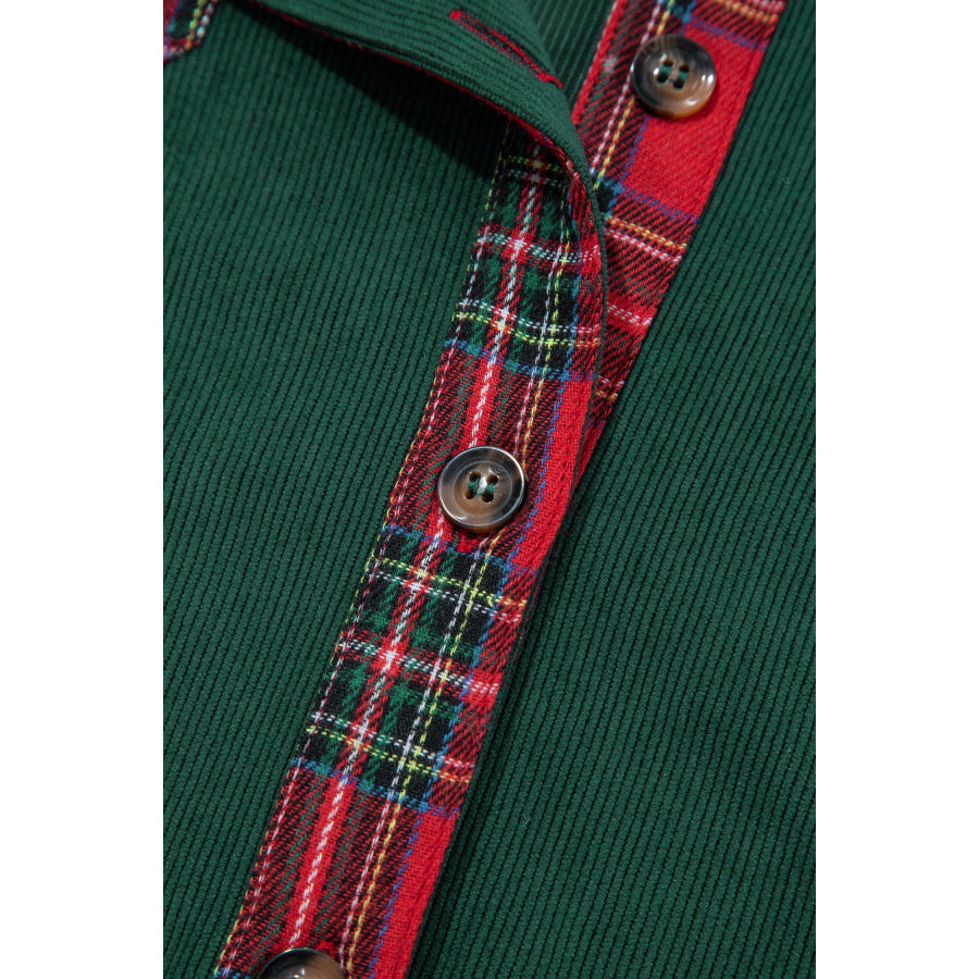 Blackish Green Plaid Pocket Button Long Sleeve Shift Shacket Outerwear/Jackets
