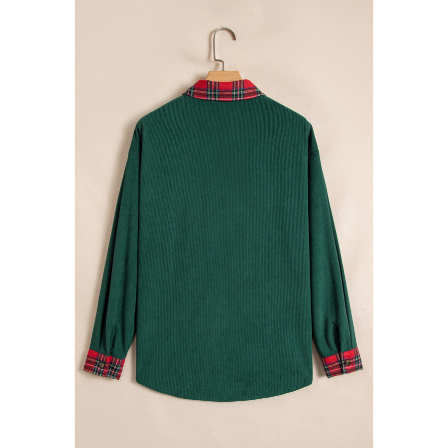 Blackish Green Plaid Pocket Button Long Sleeve Shift Shacket Outerwear/Jackets