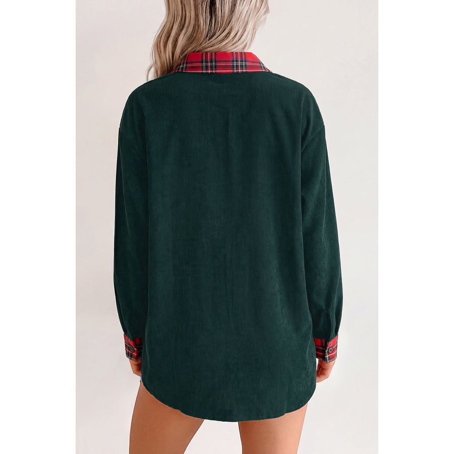 Blackish Green Plaid Pocket Button Long Sleeve Shift Shacket Outerwear/Jackets