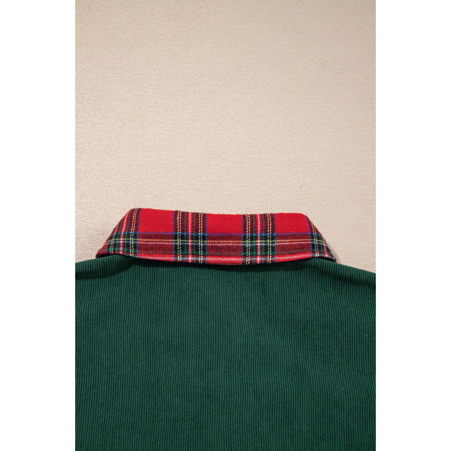Blackish Green Plaid Pocket Button Long Sleeve Shift Shacket Outerwear/Jackets