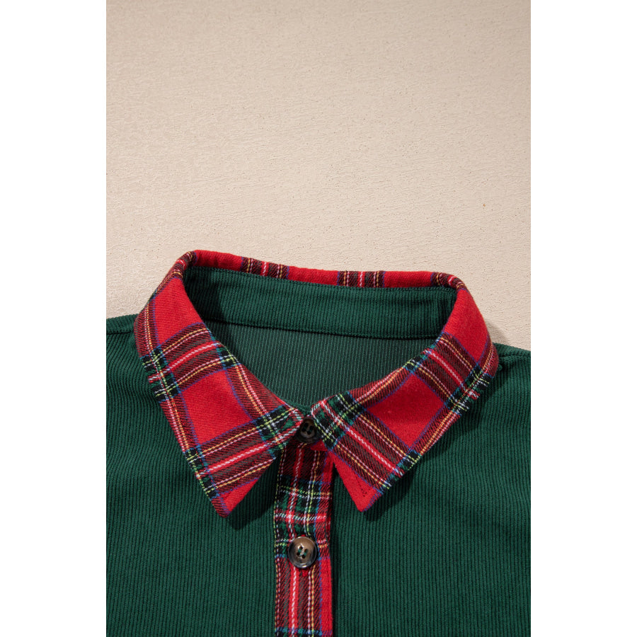 Blackish Green Plaid Pocket Button Long Sleeve Shift Shacket Outerwear/Jackets