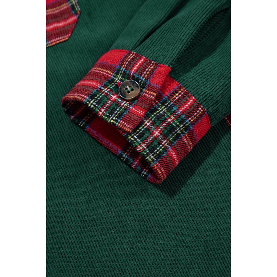Blackish Green Plaid Pocket Button Long Sleeve Shift Shacket Outerwear/Jackets