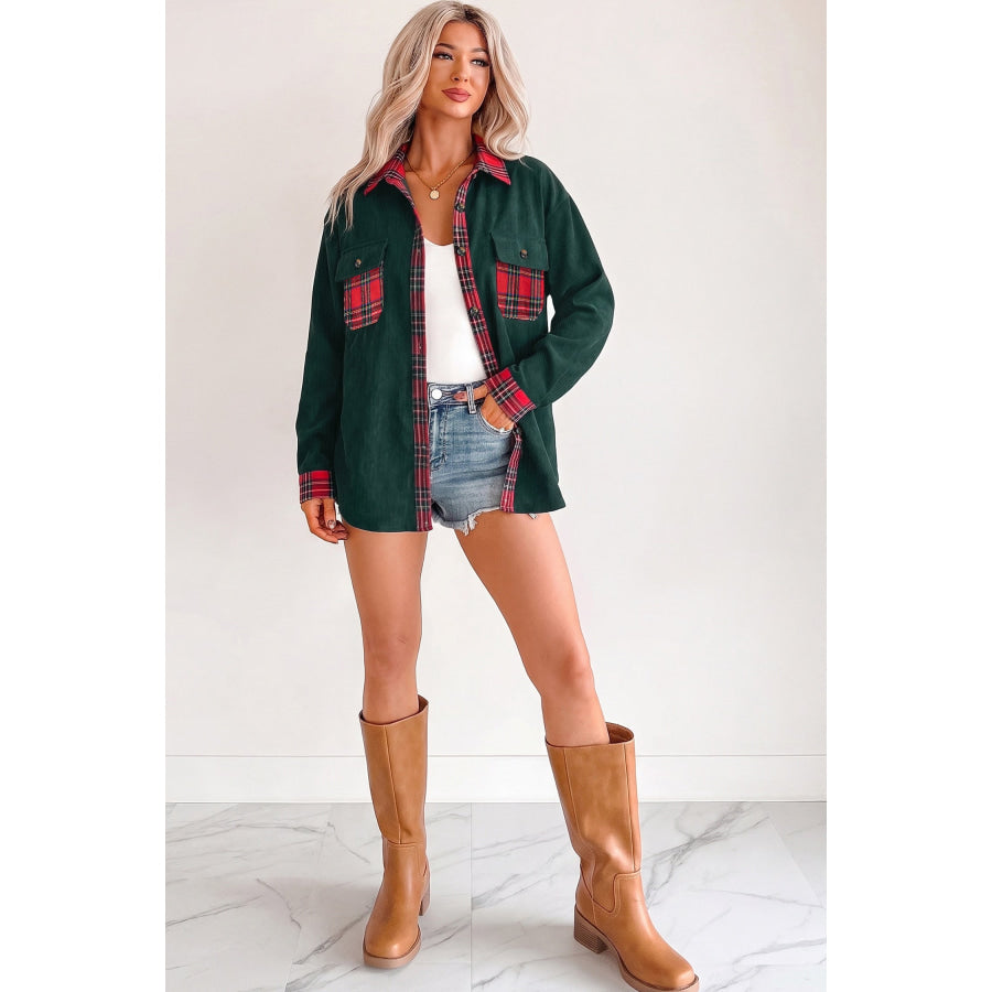 Blackish Green Plaid Pocket Button Long Sleeve Shift Shacket Outerwear/Jackets