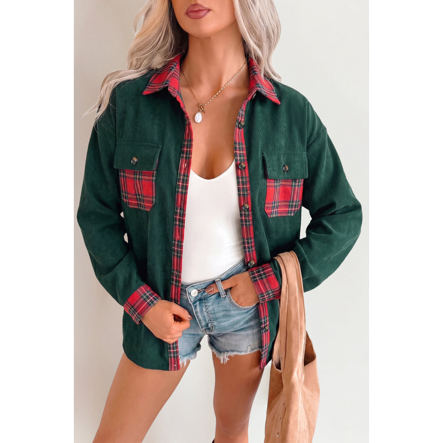 Blackish Green Plaid Pocket Button Long Sleeve Shift Shacket Blackish Green / S Outerwear/Jackets