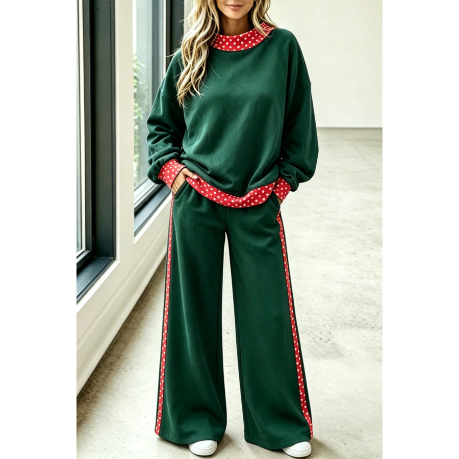 Blackish Green Polka Dot Trim Colorblock Loose Two Piece Pants Set / S Sets/Pant Sets