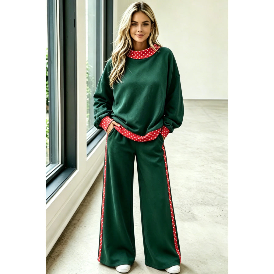 Blackish Green Polka Dot Trim Colorblock Loose Two Piece Pants Set / S Sets/Pant Sets