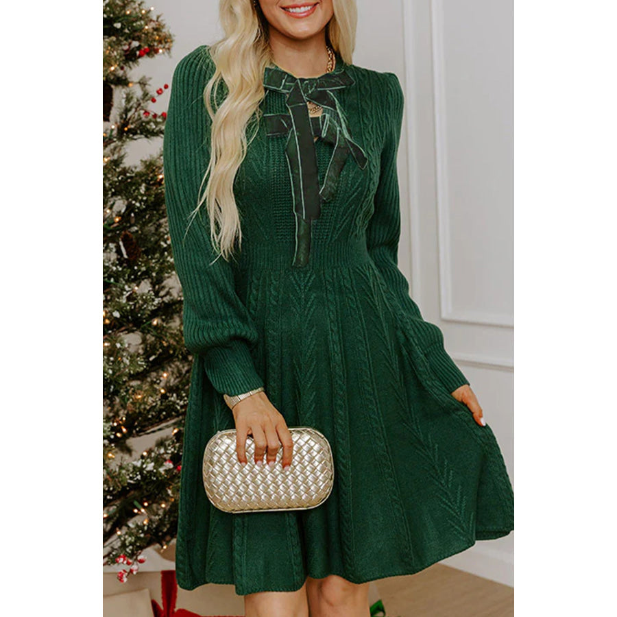 Blackish Green Ribbed Cable Knit Ribbon Knot Sweater Mini Dress / S Sweaters & Cardigans/Sweater Dresses